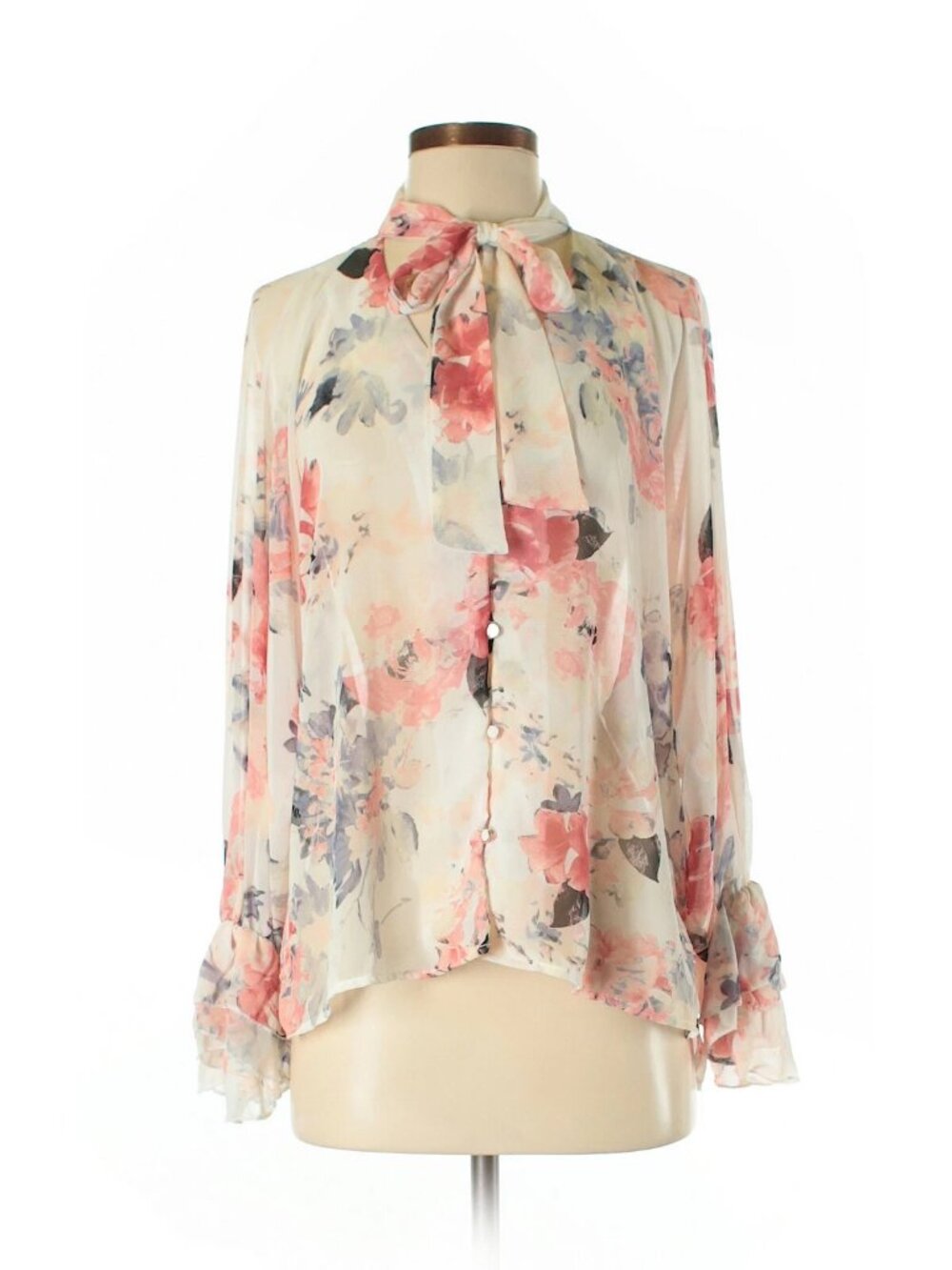 Love In Womens Tie Neck Floral Long Sleeve Blouse, size S